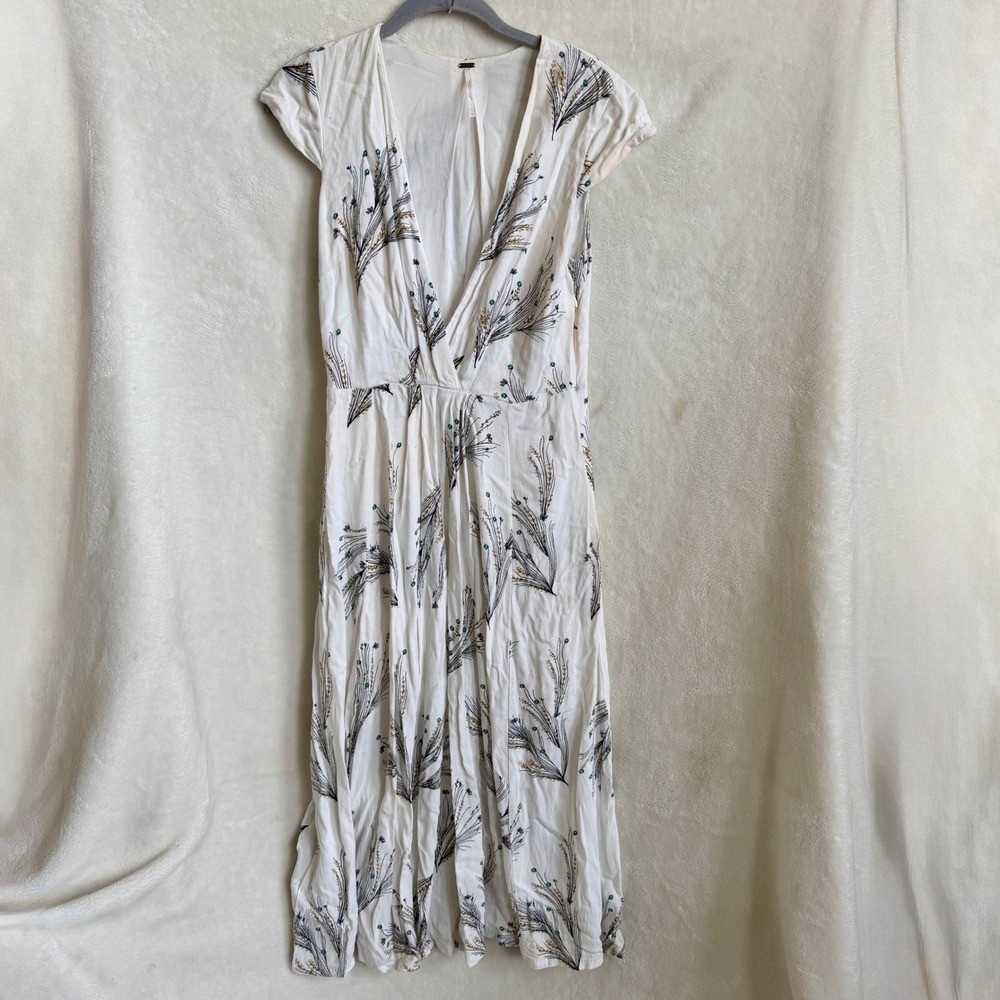 Free People Ivory Wildflower Print V Neck Wrap Midi Dress Size 4 Boho Rayon